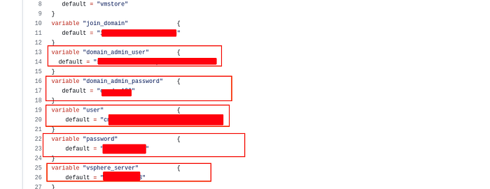 Screenshot showing credentials in var.tf file